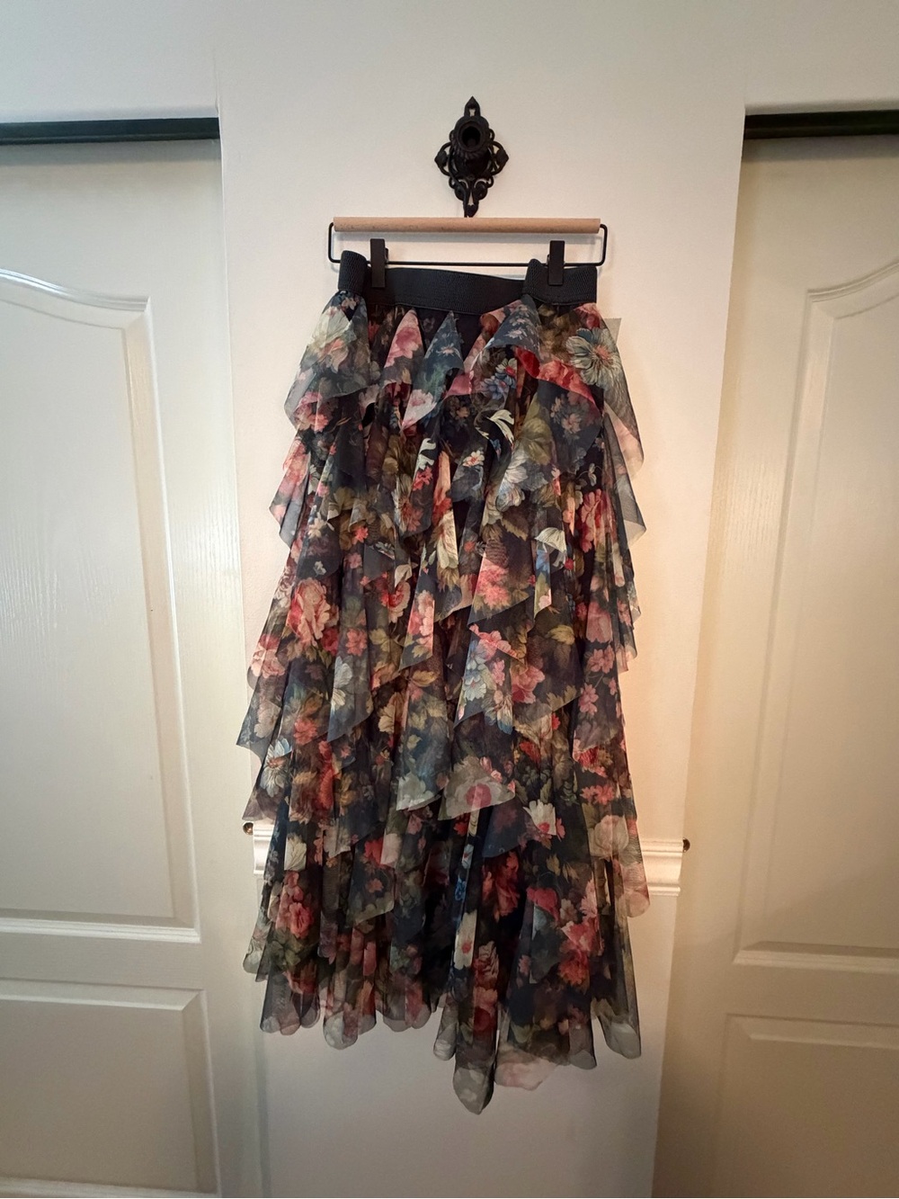 **NWT Anthropologie Dark Navy Floral Tiered Ruffle Maxi Skirt - Picture 2 of 3